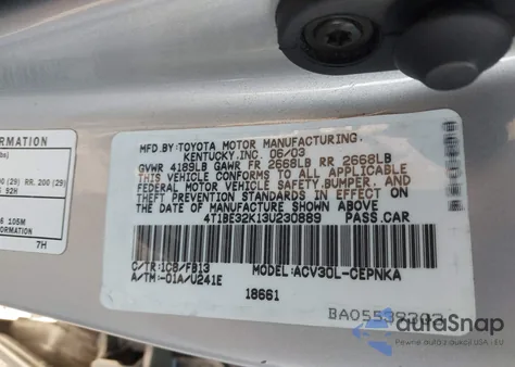 2003 Toyota Camry Le from USA, damaged, VIN 4T1BE32K13U230889